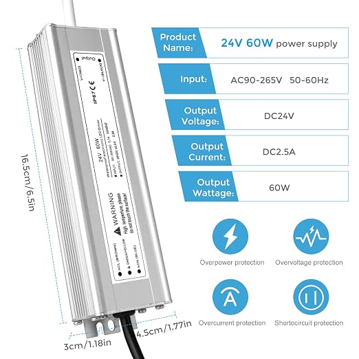 60W Outdoor Waterproof Power Supplies, 12V/24V/36V/48V Output, 90-265V / 90-140V Input, Single Output, Aluminum Housing, Outdoor Lighting Projects, CE/RoHS/FCC Certified, US/UK/EU Plug, 1-Pack / 10-Pack