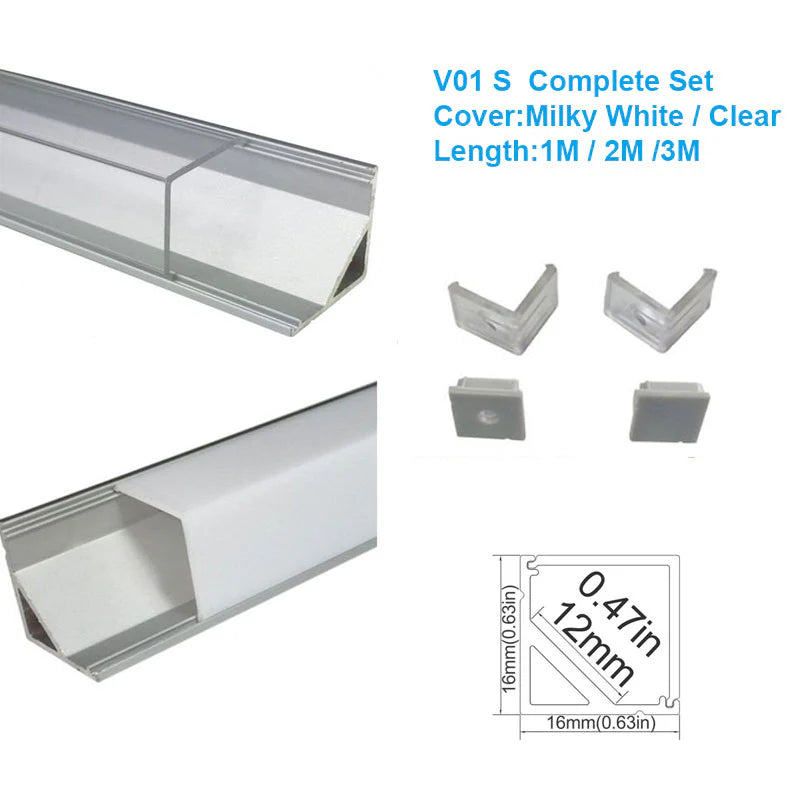 V Shape LED Channel - V01-A 12mm Silver / Black Aluminum Profile | Milky White Cover | Heavy-Duty LED Mounting Track – 1m / 2m / 3m | 50 / 100-Pack