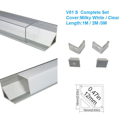 V Shape LED Channel - V01-A 12mm Silver / Black Aluminum Profile | Milky White Cover | Heavy-Duty LED Mounting Track – 1m / 2m / 3m | 50 / 100-Pack