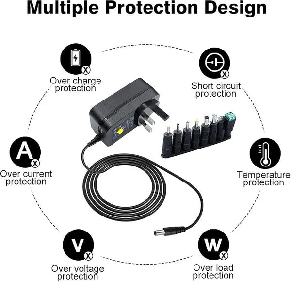 3V-12V 30W Wall Plug LED Adapter, AC 100–240V Input Black Housing with UK Plug Power Supply - for LED Strip Lights, Routers and Electronic Devices