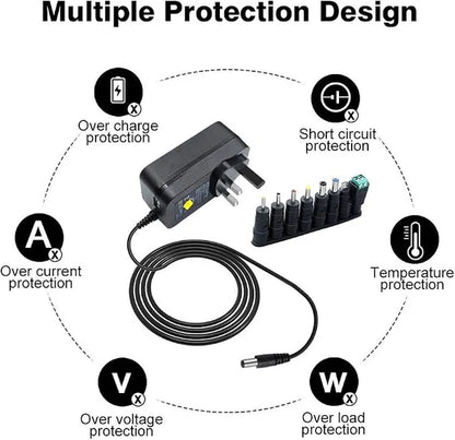 3V-12V 30W Wall Plug LED Adapter, AC 100–240V Input Black Housing with UK Plug Power Supply - for LED Strip Lights, Routers and Electronic Devices
