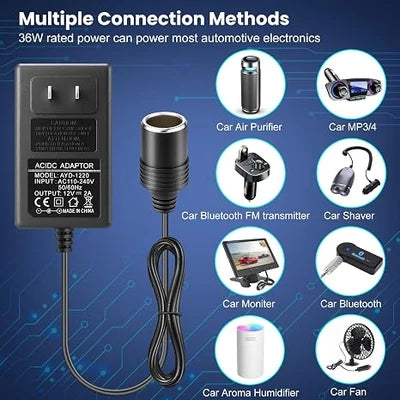 DC 12V Cigarette Lighter Power Supply Adapter 24W/36W, AC 100–240V Input Converter Transformer with US Plug - for Car Accessories, Pumps, Coolers and LED Lights