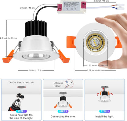 Smart-2W Series COB WiFi Recessed Lighting | 2Inch 5W | Dimmable RGB & CCT 2700-6500K | 100–240V | White Housing | Compatible with Alexa and Google Home || 50 / 100-Pack