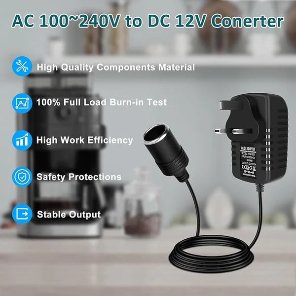 DC 12V Cigarette Lighter Power Supply Adapter 30W, AC 100–240V Input Converter Transformer with UK Plug - for Car Accessories, Pumps, Coolers and LED Lights