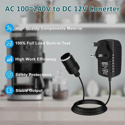 DC 12V Cigarette Lighter Power Supply Adapter 30W, AC 100–240V Input Converter Transformer with UK Plug - for Car Accessories, Pumps, Coolers and LED Lights
