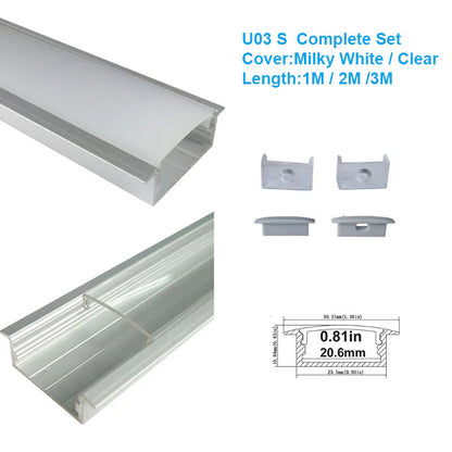 U Shape LED Channel - U03-A 20mm Silver / Black Aluminum Profile | Milky White Cover | Heavy-Duty LED Mounting Track – 1m / 2m / 3m | 50 / 100-Pack