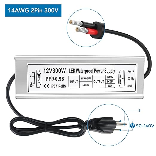300W Outdoor Waterproof Power Supplies, 12V/24V/36V/48V Output, 90-265V / 90-140V / 175-265V Input, Single Output, Aluminum Housing, Outdoor Lighting Projects, CE/RoHS/FCC Certified, US/UK/EU Plug, 1-Pack / 10-Pack