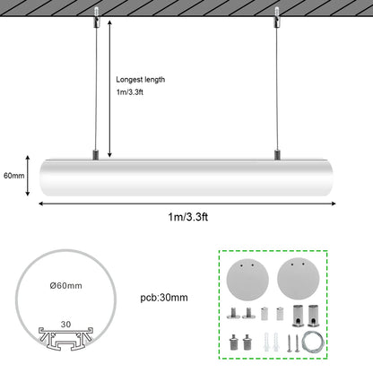 Round Suspended LED Aluminum Profile Light D60-B – 60mm Diameter | 30mm Inner Width | Silver Housing | Milky White Cover | With Installation Accessories | 1m / 2m Length | 10 / 20-Pack