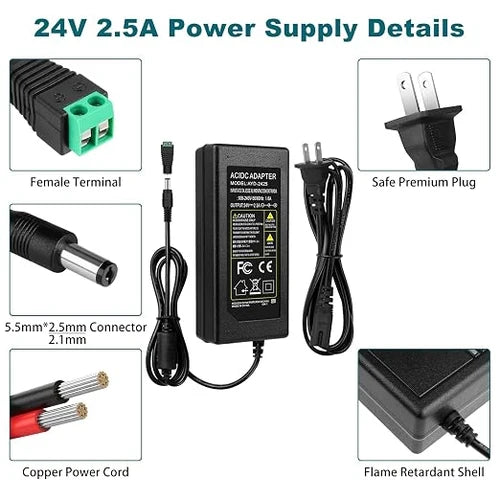 AC 100–240V Input LED Power Adapter Switching Transformer 60W–120W DC 24V with US Plug for LED Strip Lights, 3D Printers, CNC Equipment, CCTV Systems and Industrial Control Devices, 1-Pack/10-Pack