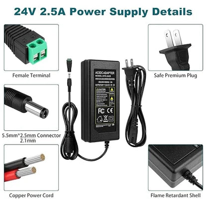 AC 100–240V Input LED Power Adapter Switching Transformer 60W–120W DC 24V with US Plug for LED Strip Lights, 3D Printers, CNC Equipment, CCTV Systems and Industrial Control Devices, 1-Pack/10-Pack