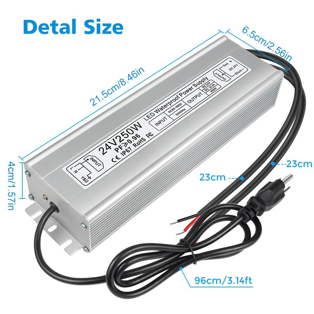 250W Outdoor Waterproof Power Supplies, 12V/24V Output, 90-265V Input, Dual Output, Aluminum Housing, Outdoor Lighting Projects, CE/RoHS/FCC Certified, US/UK/EU Plug, 1-Pack / 10-Pack