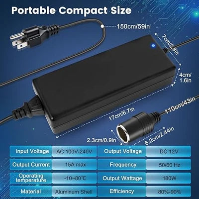 AC 100–240V Input LED Power Adapter Cigarette Lighter Converter Transformer 60W/120W/180W DC 12V with US Plug for Car Accessories, Tire Inflators, Portable Coolers, Car Vacuum Cleaners and Automotive Equipment, 1-Pack/10-Pack