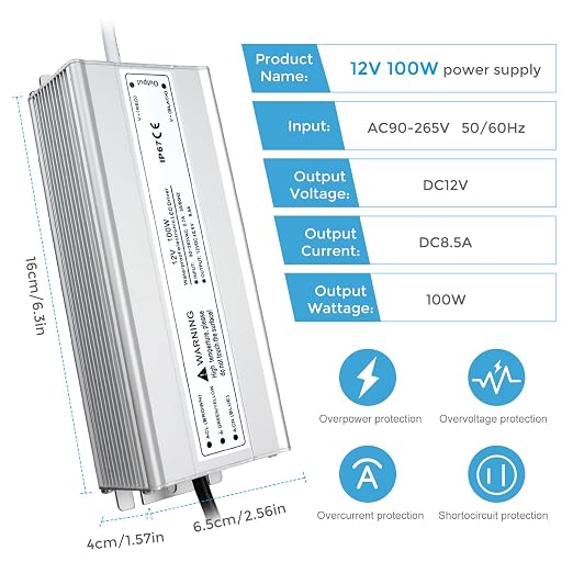 100W Outdoor Waterproof Power Supplies, 12V/24V/36V/48V Output, 90-265V / 90-140V / 175-265V Input, Single Output, Aluminum Housing, Outdoor Lighting Projects, CE/RoHS/FCC Certified, US/UK/EU Plug, 1-Pack / 10-Pack