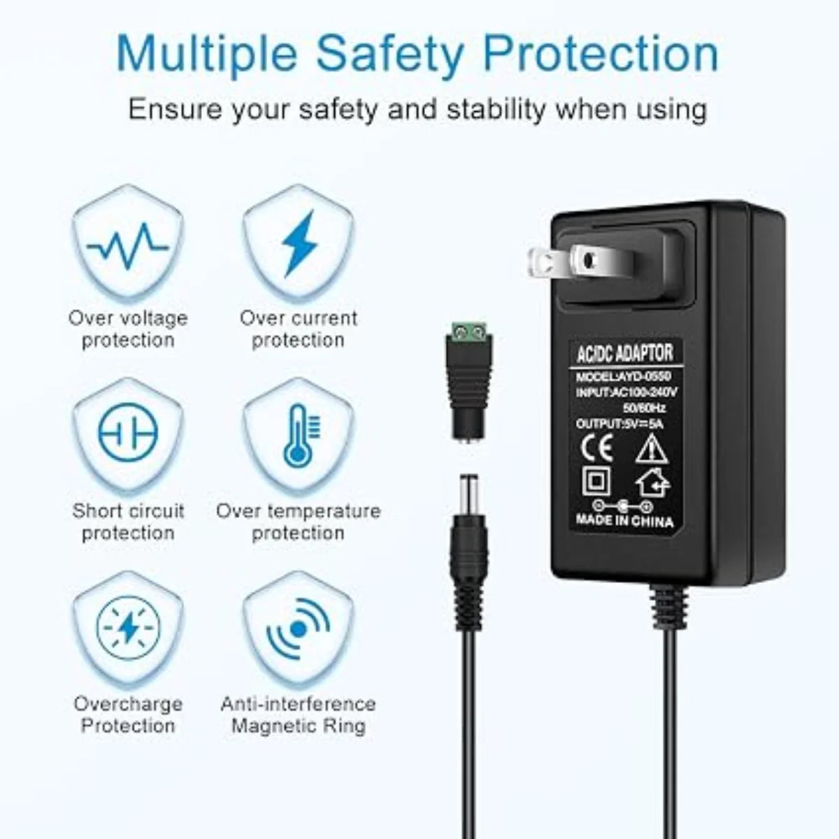 DC 5V Wall Plug LED Adapter 25W, AC 100–240V Input, Black Housing Wall Plug LED Adapter with US Plug - for LED Strip Lights, Routers, USB Devices and Electronics