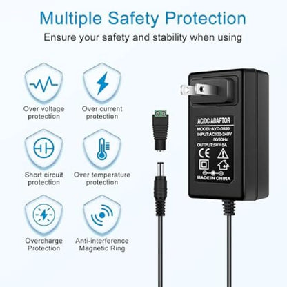 DC 5V Wall Plug LED Adapter 25W, AC 100–240V Input, Black Housing Wall Plug LED Adapter with US Plug - for LED Strip Lights, Routers, USB Devices and Electronics