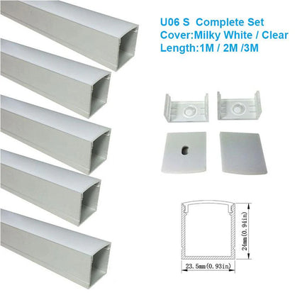 U Shape LED Channel - U06-A 20mm Silver / Black Aluminum Profile | Milky White Cover | Heavy-Duty LED Mounting Track – 1m / 2m / 3m | 50 / 100-Pack
