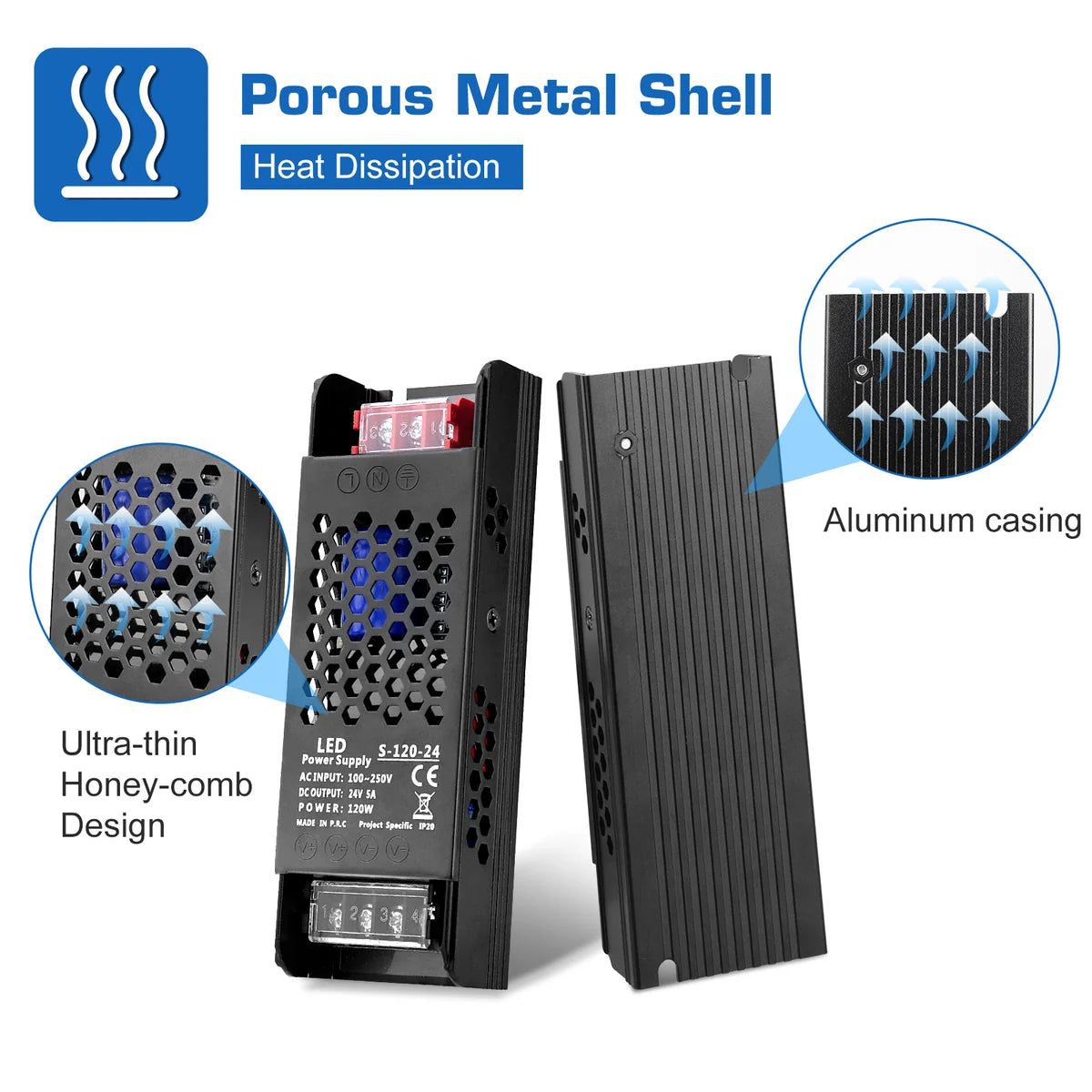 DC 12V/24V 36W–200W Slim Black Industrial Switching Power Supplies, AC 110–250V Input, Narrow Type LED Driver Transformer, Compact Metal Housing, CE/FCC/RoHS Certified