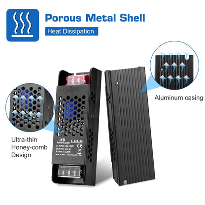 DC 12V/24V 36W–200W Slim Black Industrial Switching Power Supplies, AC 110–250V Input, Narrow Type LED Driver Transformer, Compact Metal Housing, CE/FCC/RoHS Certified