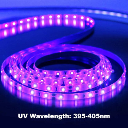 24W / 60W UV Black Light LED Strip – 16.4FT / 5M / 10M | SMD2835 | 60 LEDs/m (300 LEDs Total) | 395–405nm | Non-Waterproof / IP65 Waterproof | With Power Supply | Perfect for Night Fishing and Blacklight Party Events