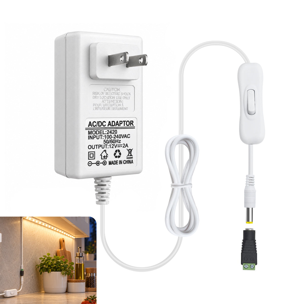 DC 12V Wall Plug LED Adapter with On/Off Switch, 24W/36W Options, US Plug, White Housing, 100–240V AC Input Wall Plug LED Adapter - for LED Strip Lights and Electronic Devices