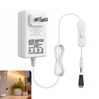 DC 12V Wall Plug LED Adapter with On/Off Switch, 24W/36W Options, US Plug, White Housing, 100–240V AC Input Wall Plug LED Adapter - for LED Strip Lights and Electronic Devices