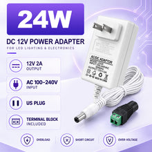 DC 12V Wall Plug LED Adapter with On/Off Switch, 24W/36W Options, US Plug, White Housing, 100–240V AC Input Wall Plug LED Adapter - for LED Strip Lights and Electronic Devices