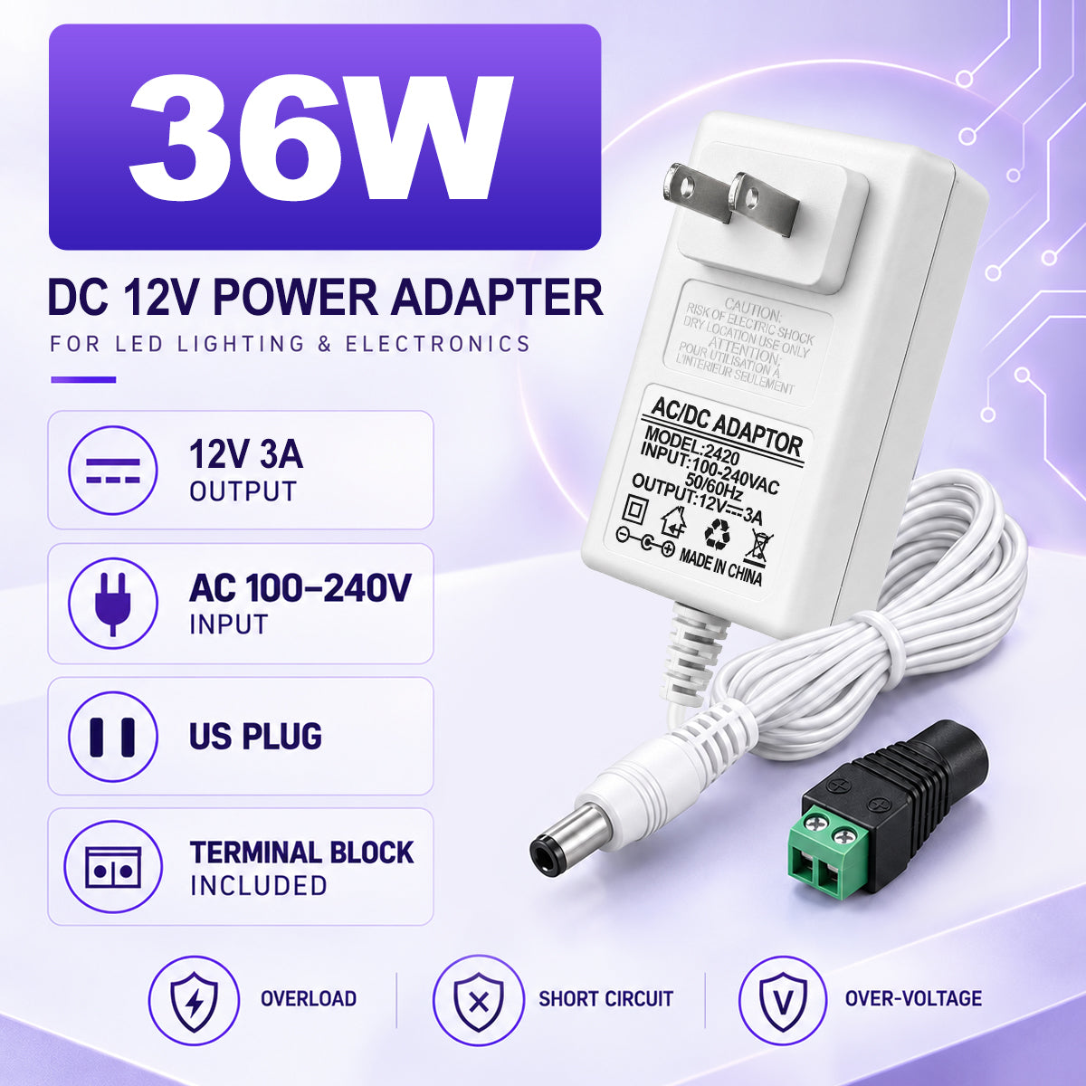 DC 12V Wall Plug LED Adapter with On/Off Switch, 24W/36W Options, US Plug, White Housing, 100–240V AC Input Wall Plug LED Adapter - for LED Strip Lights and Electronic Devices