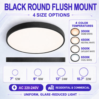 AC 220–240V Black Round Flush Mount LED Ceiling Lights – 7 / 9 / 12 / 15.7 Inch – 3000K / 4500K / 5000K / 6500K – for Residential & Commercial Lighting – Local Stock (UK)