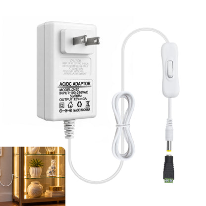 DC 12V Wall Plug LED Adapter with On/Off Switch, 24W/36W Options, US Plug, White Housing, 100–240V AC Input Wall Plug LED Adapter - for LED Strip Lights and Electronic Devices