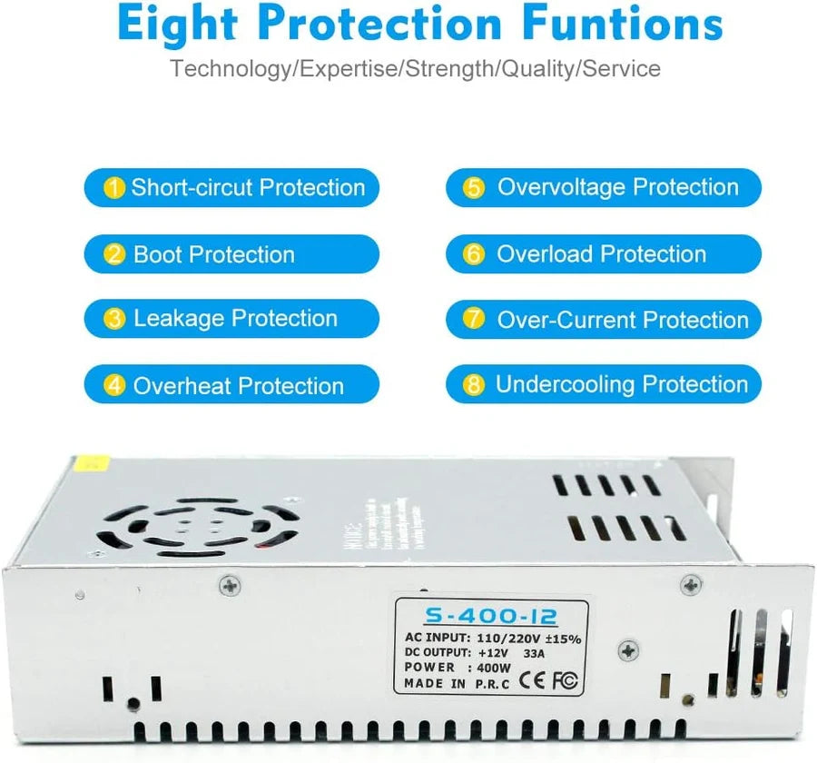 DC 12V/24V 350W–600W Industrial Switching Power Supplies, AC 110/220V Input, High Power LED Driver Transformer, Cooling Fan Metal Case, CE/FCC/RoHS Certified