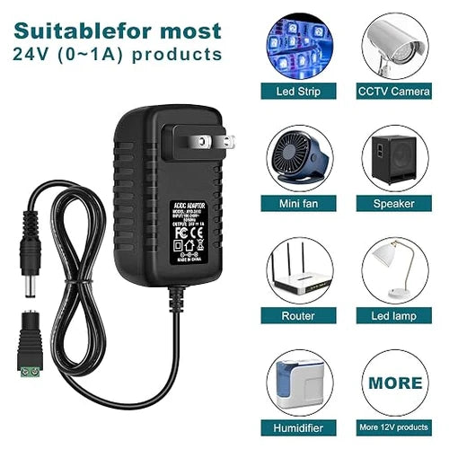 DC 24V Wall Plug LED Adapter 24W, AC 100–240V Input 24V Wall Plug LED Adapter with UK Plug, Black Housing - for LED Strip Lights and Electronic Devices