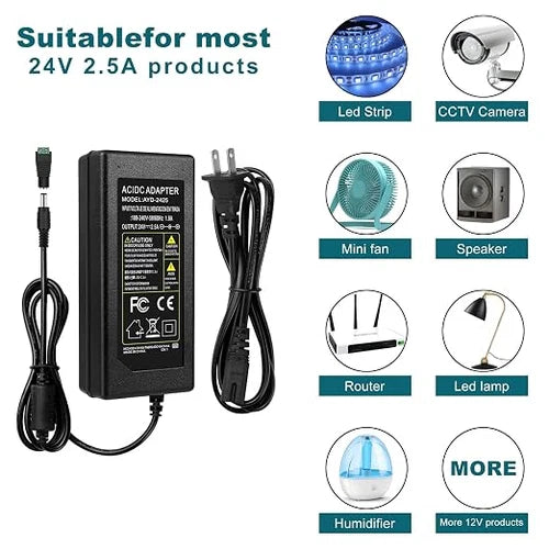 AC 100–240V Input LED Power Adapter Switching Transformer 60W–120W DC 24V with US Plug for LED Strip Lights, 3D Printers, CNC Equipment, CCTV Systems and Industrial Control Devices, 1-Pack/10-Pack