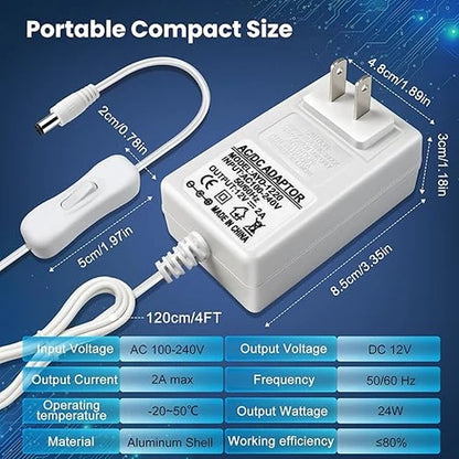 DC 12V Wall Plug LED Adapter with On/Off Switch, 24W/36W Options, US Plug, White Housing, 100–240V AC Input Wall Plug LED Adapter - for LED Strip Lights and Electronic Devices