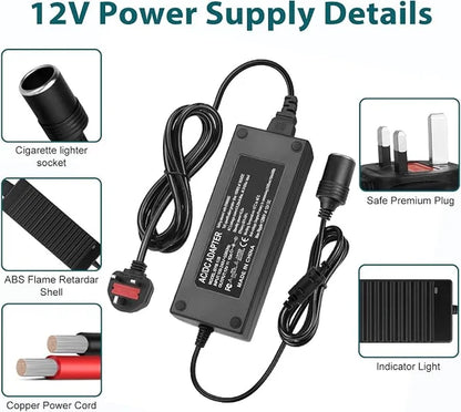 AC 100–240V Input LED Power Adapter Cigarette Lighter Converter Transformer 60W–120W DC 12V with UK Plug for Car Accessories, Tire Inflators, Portable Coolers, Car Vacuum Cleaners and Automotive Equipment, 1-Pack/10-Pack