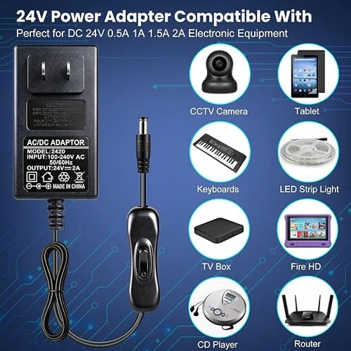 DC 24V Wall Plug LED Adapter with On/Off Switch, 48W/72W Options, US Plug, Black/White Housing, 100–240V AC Input Wall Plug LED Adapter - for LED Strip Lights and Electronics