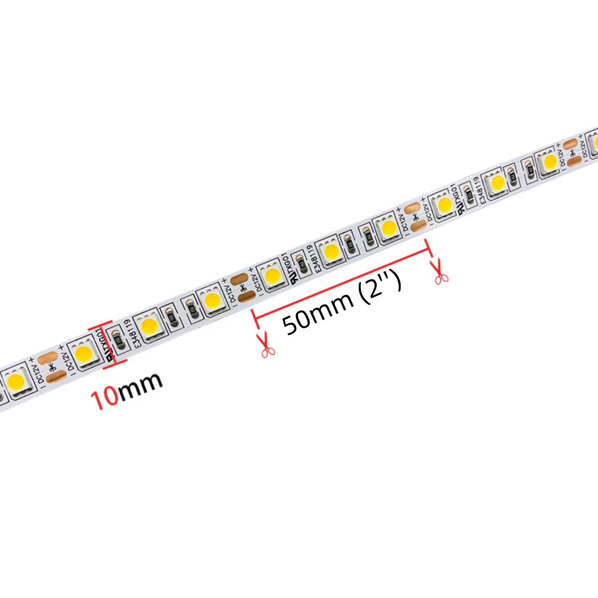 SMD5050 LED Strip Light | Standard (10–12lm/LED) & High Brightness (20–22lm/LED) Options | 12V DC | 12W/m | 60 LEDs/m | 5m Roll | White Colors (3000K/4000K/6000K) | IP00/IP67