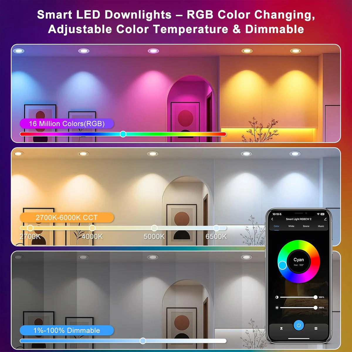 Smart-2W Series COB WiFi Recessed Lighting | 2Inch 5W | Dimmable RGB & CCT 2700-6500K | 100–240V | White Housing | Compatible with Alexa and Google Home || 50 / 100-Pack