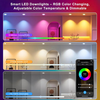 Smart-2W Series COB WiFi Recessed Lighting | 2Inch 5W | Dimmable RGB & CCT 2700-6500K | 100–240V | White Housing | Compatible with Alexa and Google Home || 50 / 100-Pack