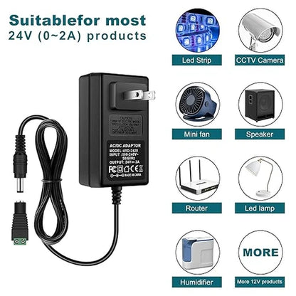 DC 24V Wall Plug LED Adapter 48W/72W, AC 100–240V Input Switching Wall Plug LED Adapter with US Plug, Black Housing - for LED Strip Lights and Electronics
