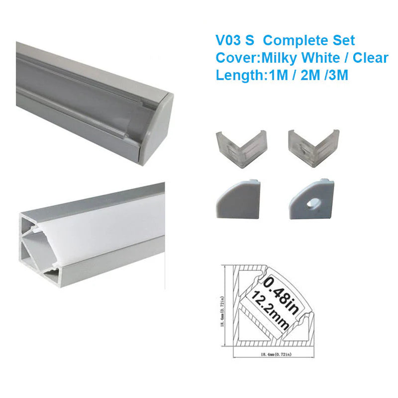 V Shape LED Channel - V03-A 12mm Silver / Black Aluminum Profile | Milky White Cover | Standard LED Mounting Channel – 1m / 2m / 3m | 50 / 100-Pack