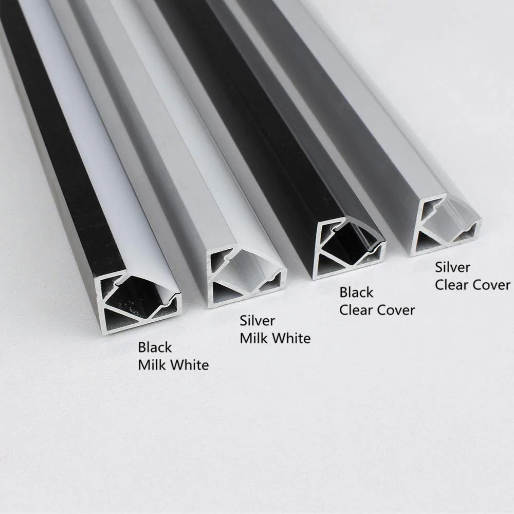 V Shape LED Channel - V02-A 12mm Silver / Black Aluminum Profile | Milky White Cover | Heavy-Duty LED Mounting Track – 1m / 2m / 3m | 50 / 100-Pack