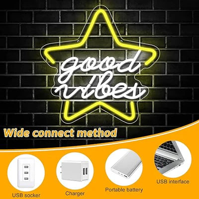 Star Good Vibes Neon Sign for Game Room Decor, 15.7*15.7'' Light Up Neon Lights Powered by USB with ON/OFF Switch, Man Cave, Kids Room,Super Star Gaming Wall Decor Gamer Gifts for Boys, Kid, Monther's Day(White)