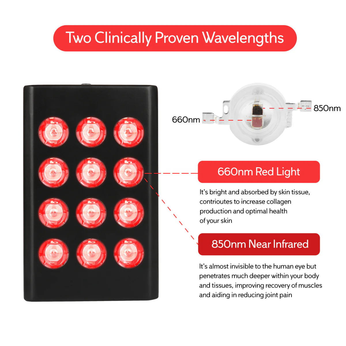 MINI60 Rechargeable Red & Near Infrared Therapy Light – Dual Chip | 12 LEDs | Portable Handheld Design | 5V 2A USB Powered | Black / White | Red Light Therapy for Skin Rejuvenation & Muscle Therapy