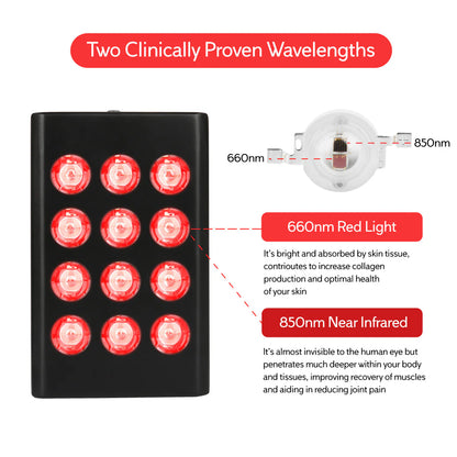 MINI60 Rechargeable Red & Near Infrared Therapy Light – Dual Chip | 12 LEDs | Portable Handheld Design | 5V 2A USB Powered | Black / White | Red Light Therapy for Skin Rejuvenation & Muscle Therapy