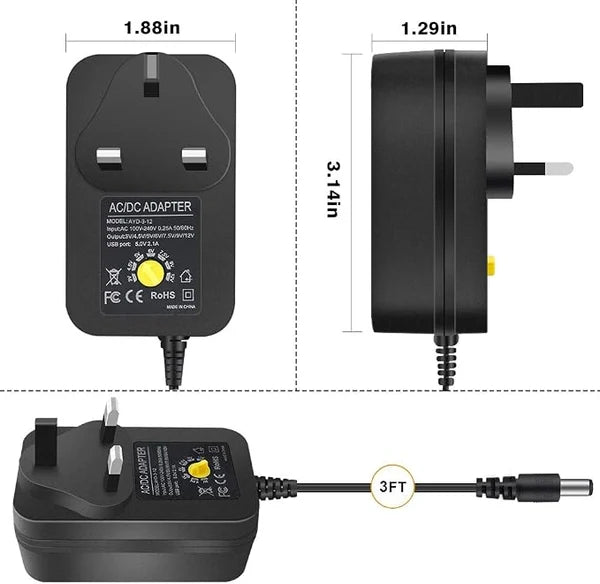3V-12V 30W Wall Plug LED Adapter, AC 100–240V Input Black Housing with UK Plug Power Supply - for LED Strip Lights, Routers and Electronic Devices