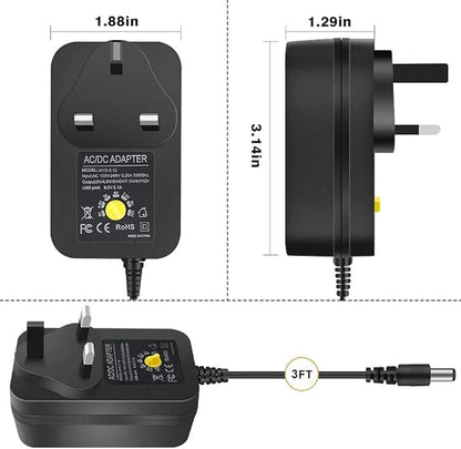 3V-12V 30W Wall Plug LED Adapter, AC 100–240V Input Black Housing with UK Plug Power Supply - for LED Strip Lights, Routers and Electronic Devices