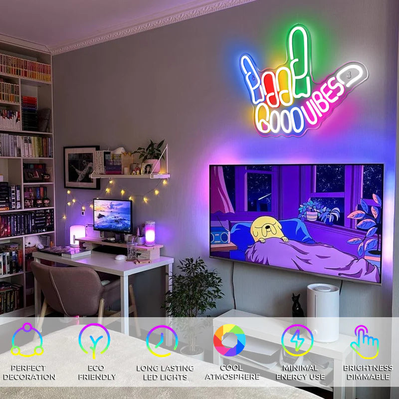 LightingWill "Good Vibes" Neon Sign – Dimmable LED Finger Light, USB Powered Wall Decor for Game Rooms, Bars, Weddings & More