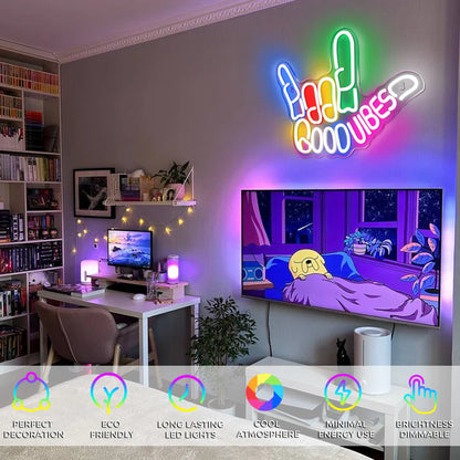 LightingWill "Good Vibes" Neon Sign – Dimmable LED Finger Light, USB Powered Wall Decor for Game Rooms, Bars, Weddings & More