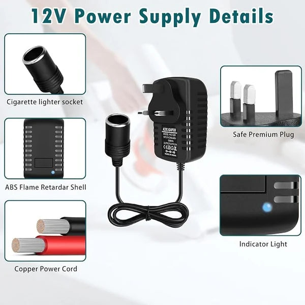 DC 12V Cigarette Lighter Power Supply Adapter 30W, AC 100–240V Input Converter Transformer with UK Plug - for Car Accessories, Pumps, Coolers and LED Lights