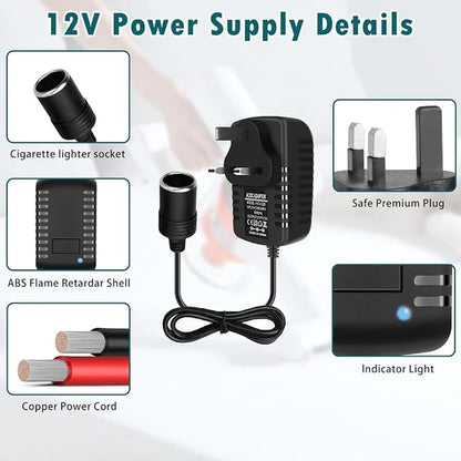 DC 12V Cigarette Lighter Power Supply Adapter 30W, AC 100–240V Input Converter Transformer with UK Plug - for Car Accessories, Pumps, Coolers and LED Lights